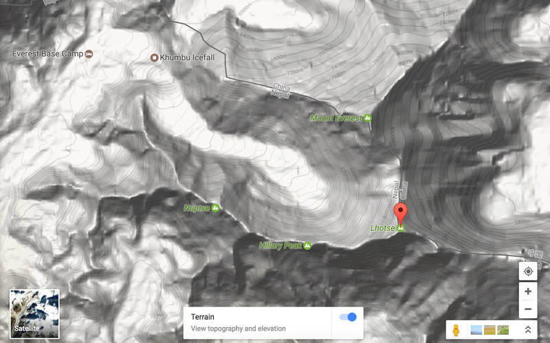 The peak of Lhotse relative to Mt. Everest; Screencap via Google Maps.